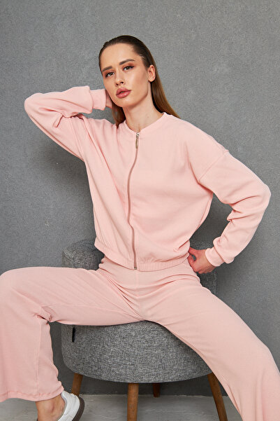 ESPOİRPLUS Women's Powder Color Ribbed Knit Pants Bomber Jacket Bottom Top Set