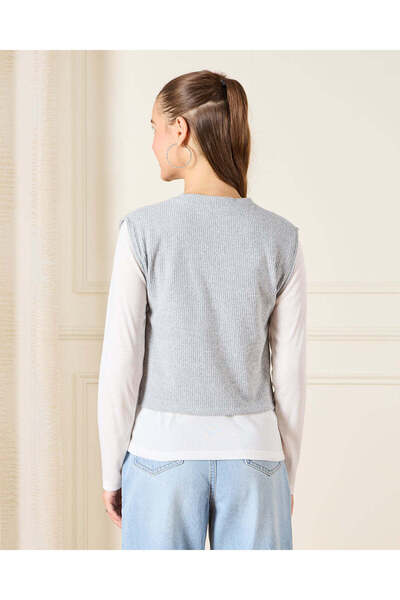 REDTAG Senior Girls Grey And White Twofer Top Embellished With Bow