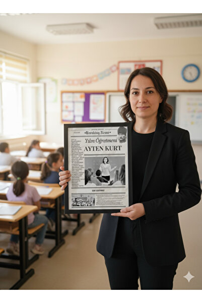 Atölyer YILIN ÖĞRETMENİ GAZETE SAYFASI ÖĞRETMENER GÜNÜ HEDİYESİ a3 30x42 ÇERÇ...
