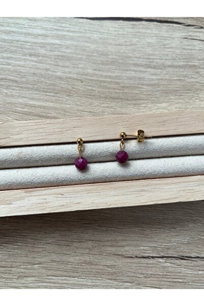 Pel Design Ruby Stone Steel Gold Color Ball Earrings Handcrafted