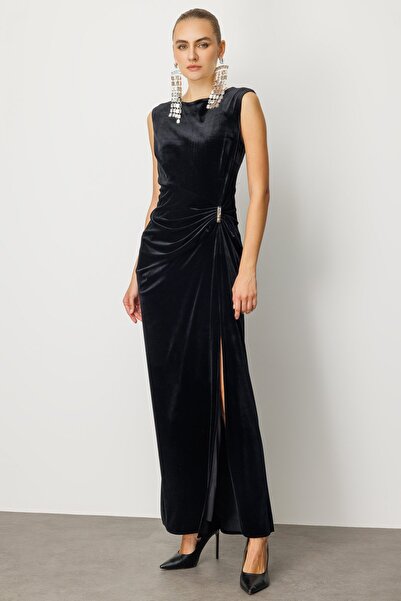 Ekol Beli Büzgülü Maxi Kadife Elbise 4141