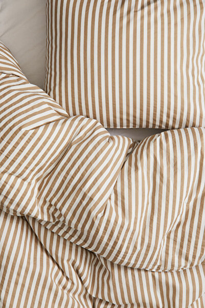 Perotti Natural Ranforce Beige Striped Double Duvet Cover Set 100% Organic Cotton