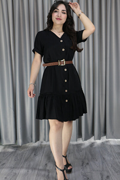 Femella Women Fashion Rochie plisată cu nasturi și detaliu buzunar din in pen...