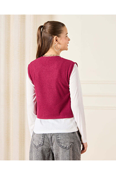 REDTAG Senior Girls Burgundy And White Twofer Top Embellished With Bow