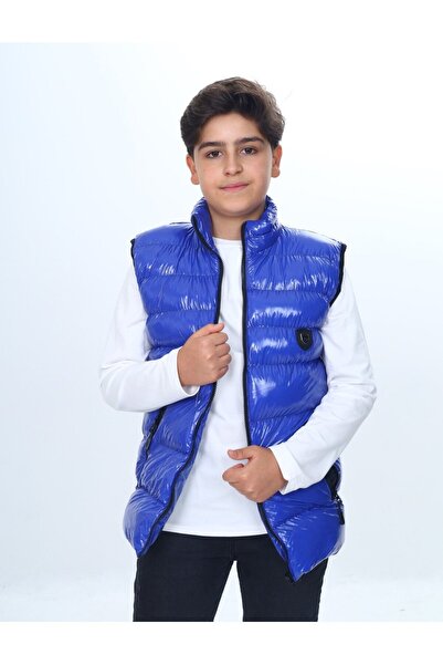 Toontoy Cobalt Boy's Water Repellent D Mock Neck Shiny Puffer Vest with Zippe...
