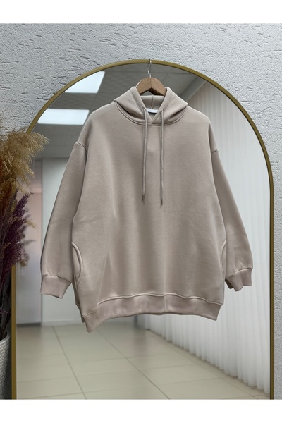 BENAHOLL Banu Yandan oversized Φούτερ με κουκούλα και τρεις κορδόνες με οβάλ τσέπες-ZN1644 Stone