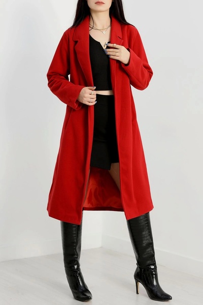 DuRu LiNe Kaşe Kaban Bordo Uzun Astarlı 110 cm Şık Kışlık Model