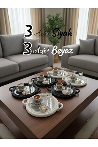 Dem Home 6-Piece White & Black Knitted Patterned Coffee Presentation Tray Round Plastic