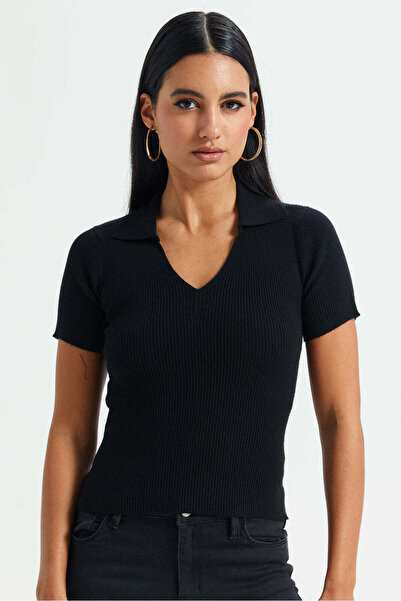 REDTAG Women Black Short-Sleeved Sweater Polo