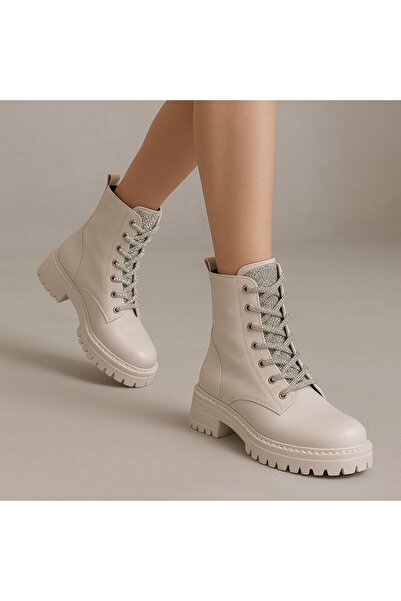 defile ayakkabi Kadın Bej Rengi Taşlı Bot