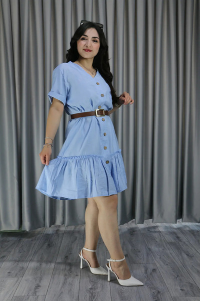 Femella Women Fashion Rochie plisată cu nasturi și detaliu buzunar din in pen...