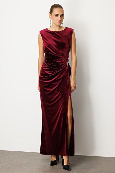 Ekol Drawstring Waist Maxi Velvet Dress 4141