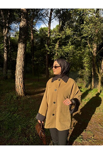 byalisdmr Garnili Çift Cepli Yumuşak Gabardin Kumaş Kısa Trenç -Yağ Yeşili