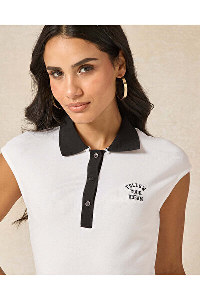 REDTAG Women Ivory Contrast Collar Detailed Drop Shoulder Polo T-shirt