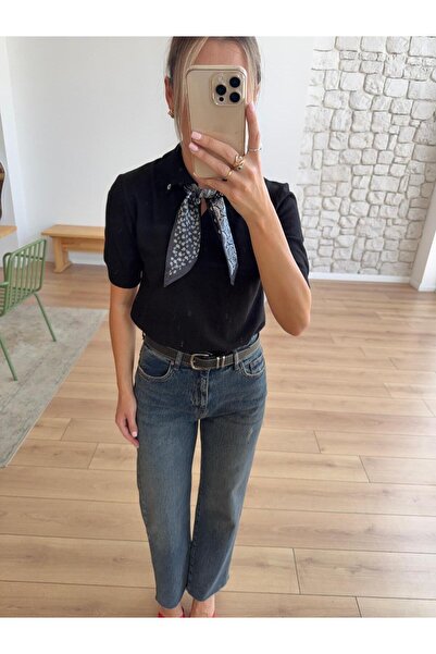 LE CARAMBOLE Women's Black Polo Neck Scarf Short Sleeve Knitwear Sweater