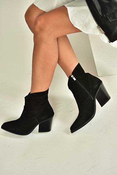 Fox Shoes V654081902 Black Genuine Leather Suede Thick Heeled Western Cowboy Women's Boots