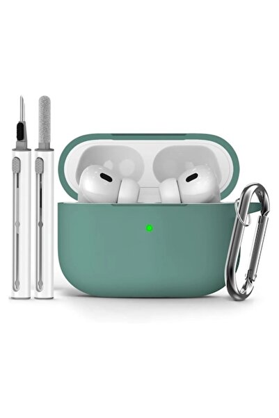 DooLike Silicone case for AirPods Pro/Pro 2, Shockproof, Pine Needle Green, with carabiner & cleaning tool
