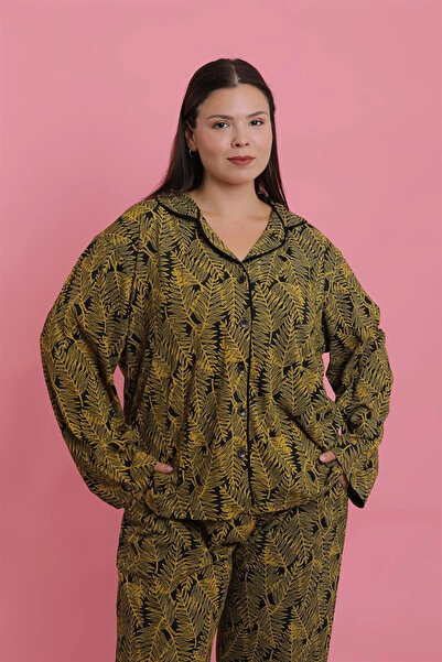 alfa expres Clothing Women's Plus Size Tropical Leaf Print Button down Pajama Set