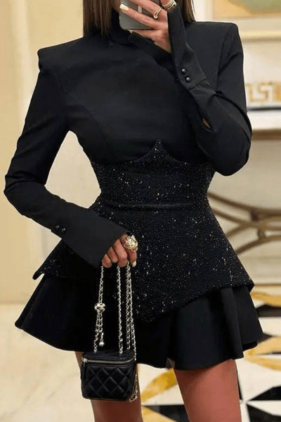 cemo Long Sleeve Sparkle Mini Dress - Women's with Crystal Diamond Detail