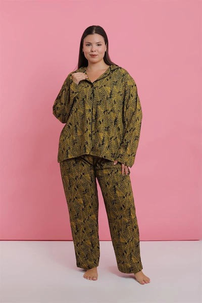 alfa expres Clothing Women's Plus Size Tropical Leaf Print Button down Pajama Set