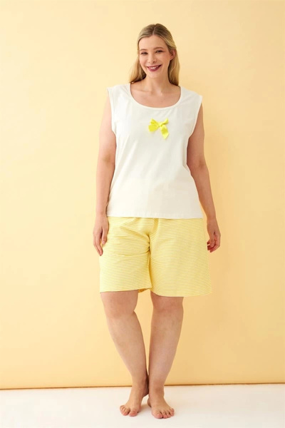 alfa expres Clothing Women's White Ribbon Detailed Yellow Striped Shorts Plus Size Pajama Set