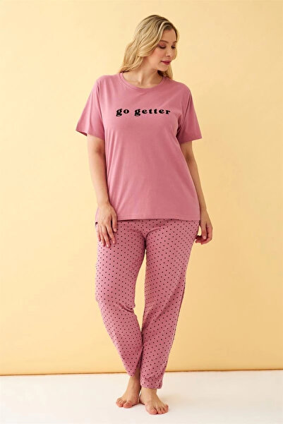 alfa expres Clothing Women's Salmon Go Getter Letter Printed Plus Size Pajama Set