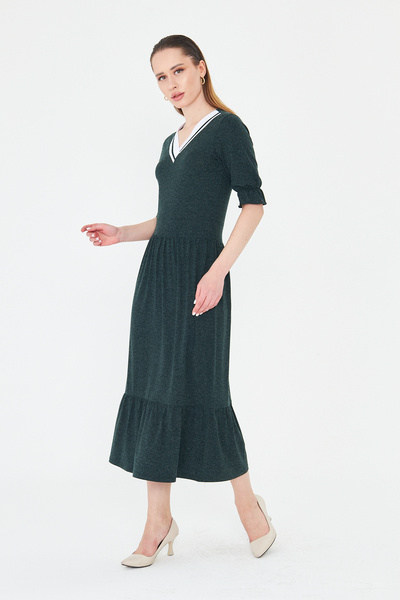 ESPİNA Women's Knitwear Banded V-Neck Short Sleeve Wool Viscose Dress