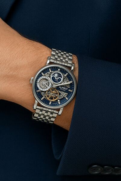 JG. Polo Club Men's Automatic Watch (No Battery), Navy Blue-Silver, Case Band Steel, 5 Atm Water Resistance, in Gift Box