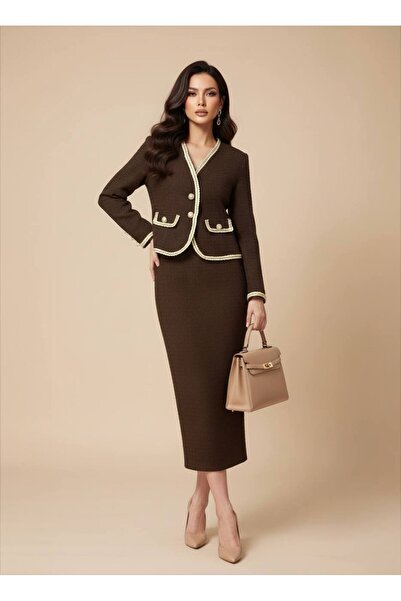 Siseniorita Elegant Women's Tweed Wool Suit, Midi Skirt and Fitted Jacket, with Contrasting Trim