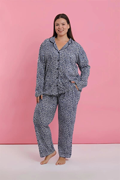 alfa expres Clothing Women's Plus Size Blue Leopard Print Button down Pajama Set
