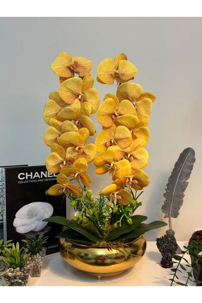 MY LOVE ÇİÇEKÇİLİK Metal Ufo Vazoda Pastel Sarı 2'Li Islak Dokulu Yapay Orkide