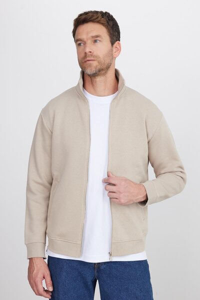 Tudors Unisex Relax Fit Comfortable Cut Cotton Fleece Inside Zippered Stone D Mock Neck Flato Pocketed Sweatshirt Cardigan