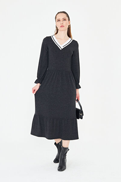 ESPİNA Women's Long Sleeve Knitwear V-Neck Wool Viscose Dress