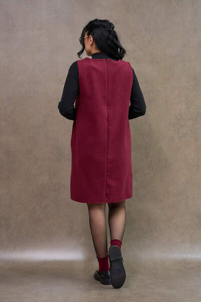 KÜÇÜĞÜM BUTİK Burgundy Color Square Neck Short Cashmere Jile Dress
