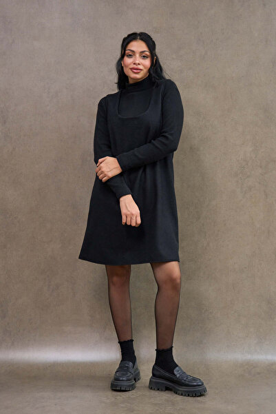 KÜÇÜĞÜM BUTİK Black Color Square Neck Short Cashmere Jile Dress