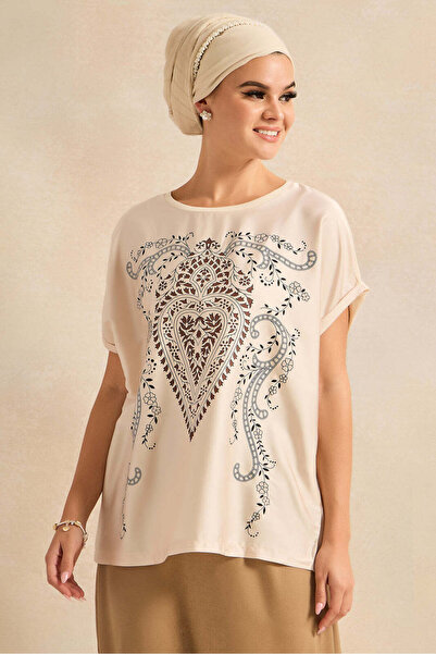 REDTAG Women Beige Short Sleeve Embellished Top