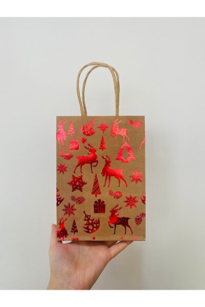 HUR-AY PACK YILBAŞI ÖZEL KÜÇÜK BOYY KAĞIT ÇANTA - 3 FARKLI KIRMIZI BASKILI KRAFT SAPLI ÇANTA - 15X21 CM -SERİ 1