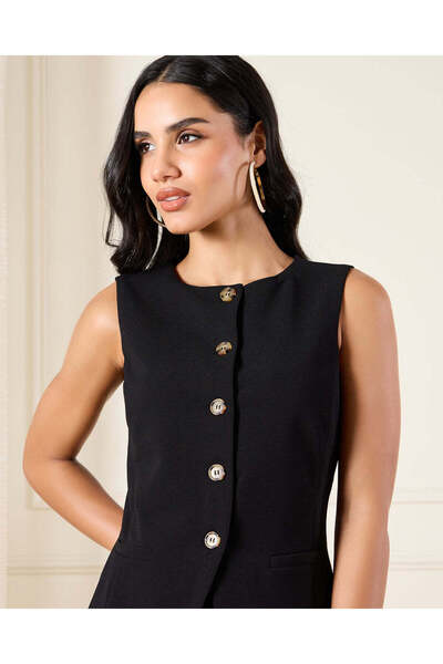 REDTAG Women Black Button Down Pocket Detail Long Vest
