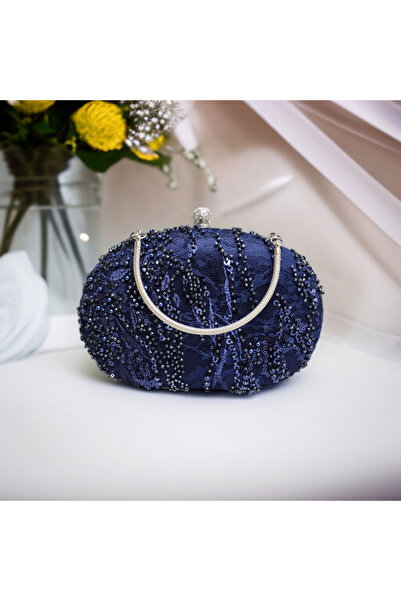 Telli Art حقيبة سهرة منقوشة باللون الأزرق الداكن - تصميم أنيق وملفت للنظر