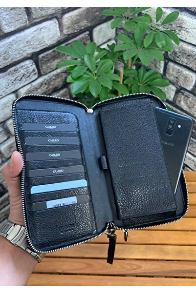 GUARD Çift Fermuarlı Siyah Deri El Çantası