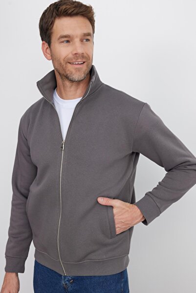 Tudors Unisex Relax Fit Comfortable Cut Cotton Fleece Inside Zippered Gray D Mock Neck Flato Pocketed Sweatshirt Cardigan