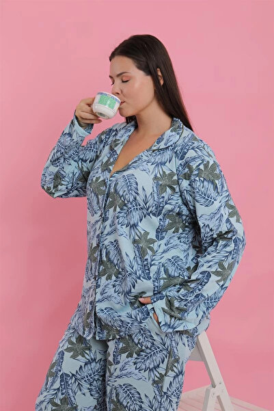 alfa expres Clothing Women's Plus Size Blue Tropical Print Button down Pajama Set