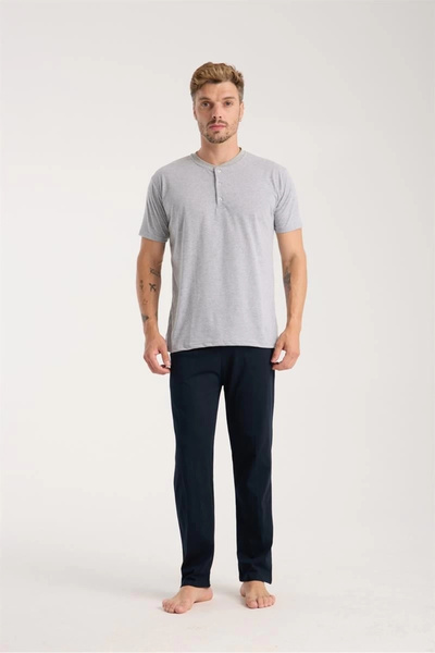 alfa expres Ανδρικό σετ πιτζάμες με γκρι γιακά και κοντό μανίκι