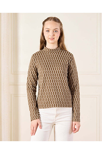 REDTAG Senior Girls Brown Embellished High neck Jacquard Top