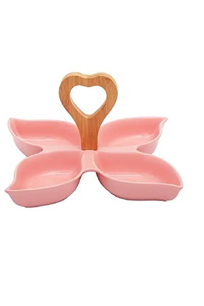OEM Ceramic platter, with wooden handle, 4 compartments, pink, 20.5x20.5x15 cm