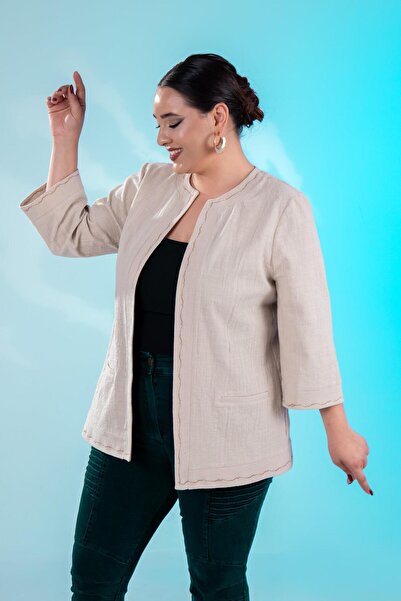 Roxxlen 122159 Γυναικείο Κεντητό Μπουφάν Μεγάλου Μεγέθους Μπεζ