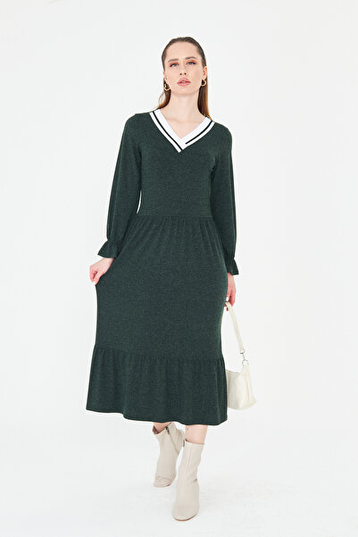 ESPİNA Women's Long Sleeve Knitwear V-Neck Wool Viscose Dress