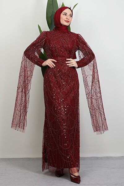 GİYZAMİLA Duru Stone Evening Dress Burgundy