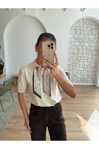 MODAMERSİ Women's White Polo Neck Scarf Short Sleeve Knitwear Sweater