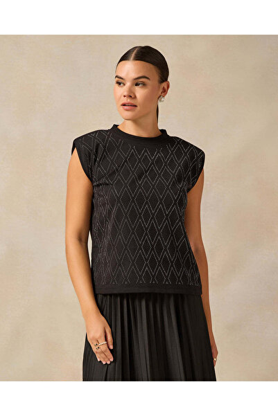 REDTAG Women Black Diamond Rhine Stone Heat Set Shoulder Padded Top